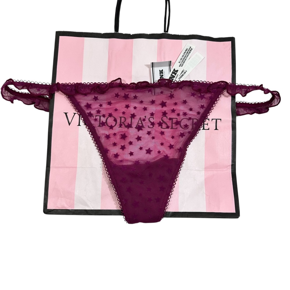 NWT PINK Victoria's Secret Star Print Ruffle Thong Panty Purple XL